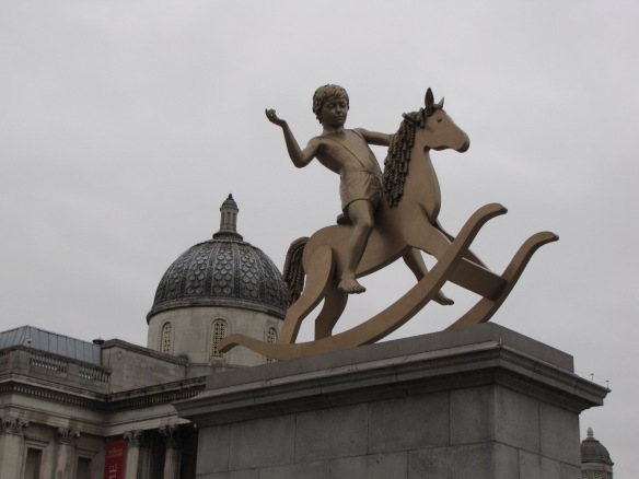 This statue in London's Trafalgar Square was enigmatically titled "Powerless Structures" by its Danish creators, Elmgreen and Dragset.  It's an interesting use of the imagery of childhood to represent Britain's rebirth after World War II. (Photo by Brandon Curry 2013. Used by permission.)