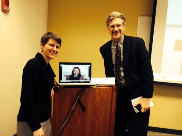 Crystal Abbey, M.A. alum who is now at the Vermont Law School was able to join us via Skype. Here she poses with two of her grad professors: Dr. Elder (left) and Dr. Key (right). Crystal's advice? "Get an M.A. in History from EIU!"